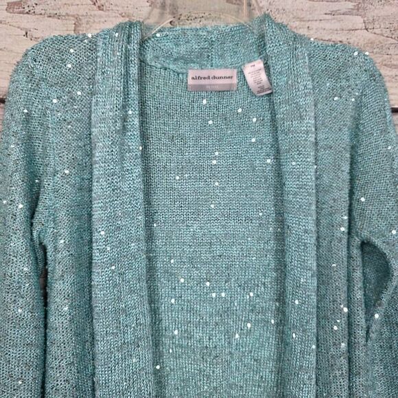 Alfred Dunner Petite PM Teal Sequin Open Cardigan - Picture 2 of 6
